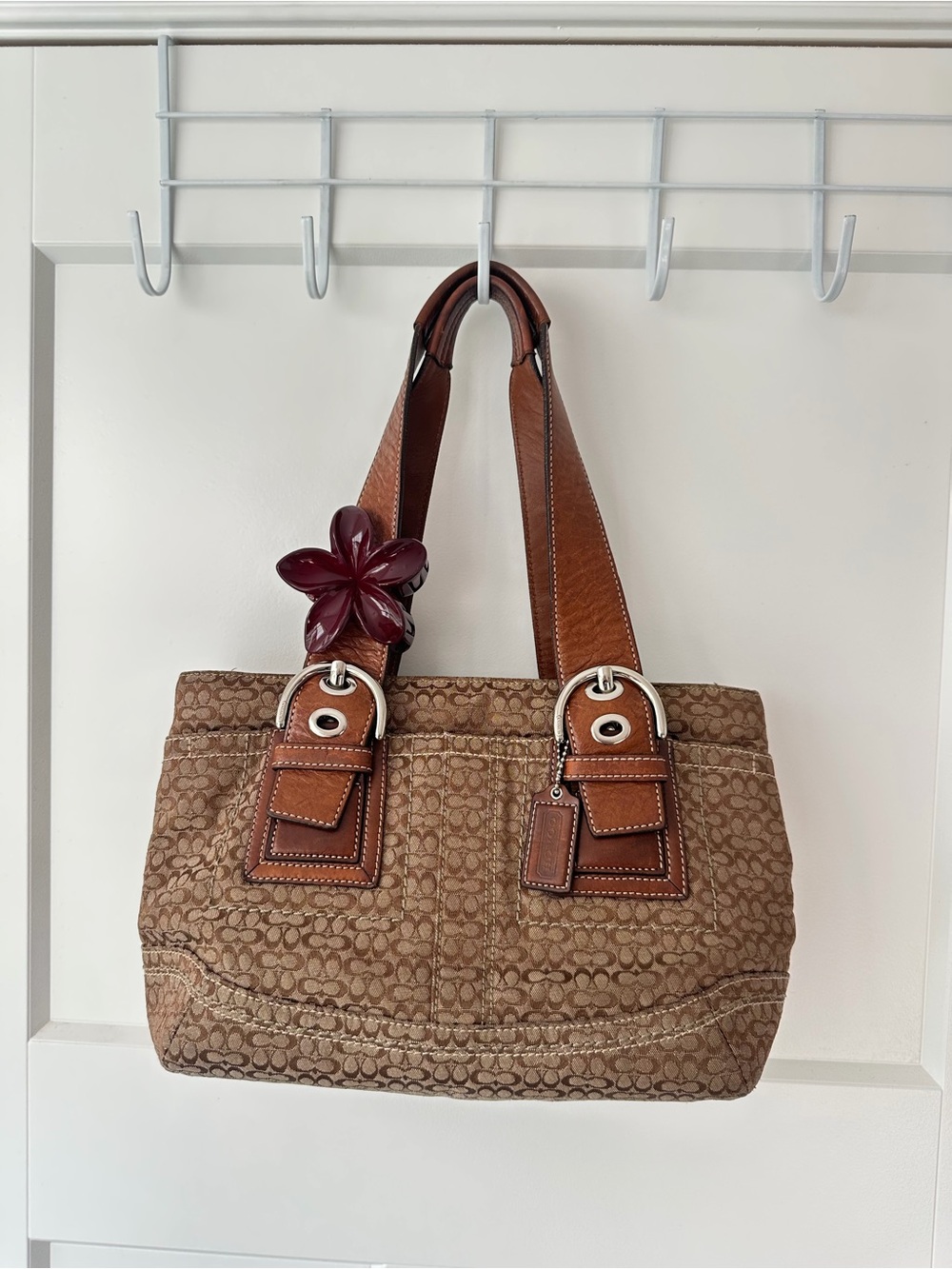 Coach Brown Signature Canvas Shoulder Tote with Leather Trim